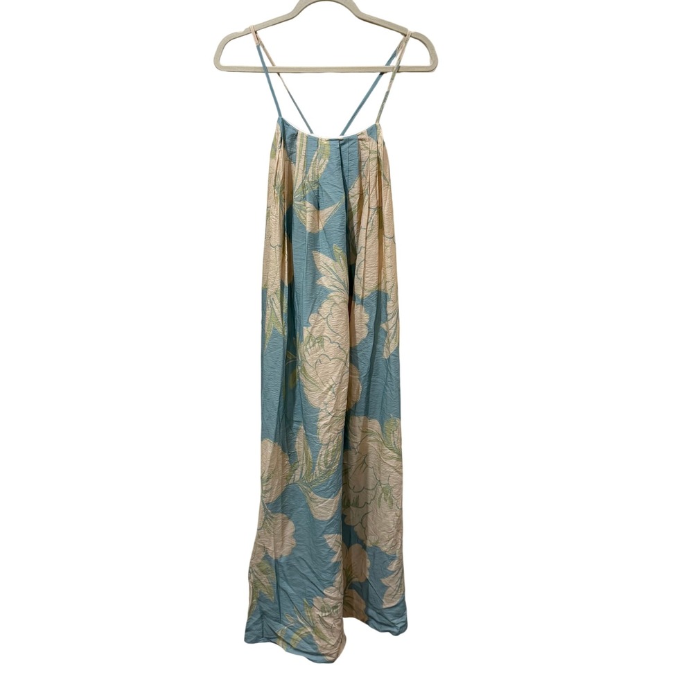 Doe and Rae Blue Floral Textured Maxi Dress Small‎ Pockets Tie Back 1704C